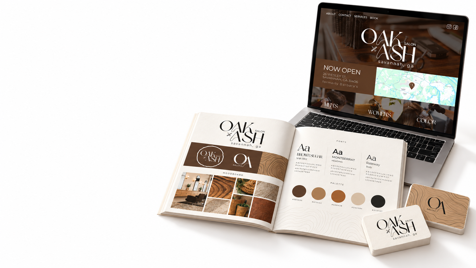 Oak + Ash Salon website on a laptop, brand-guide booklet, and business cards