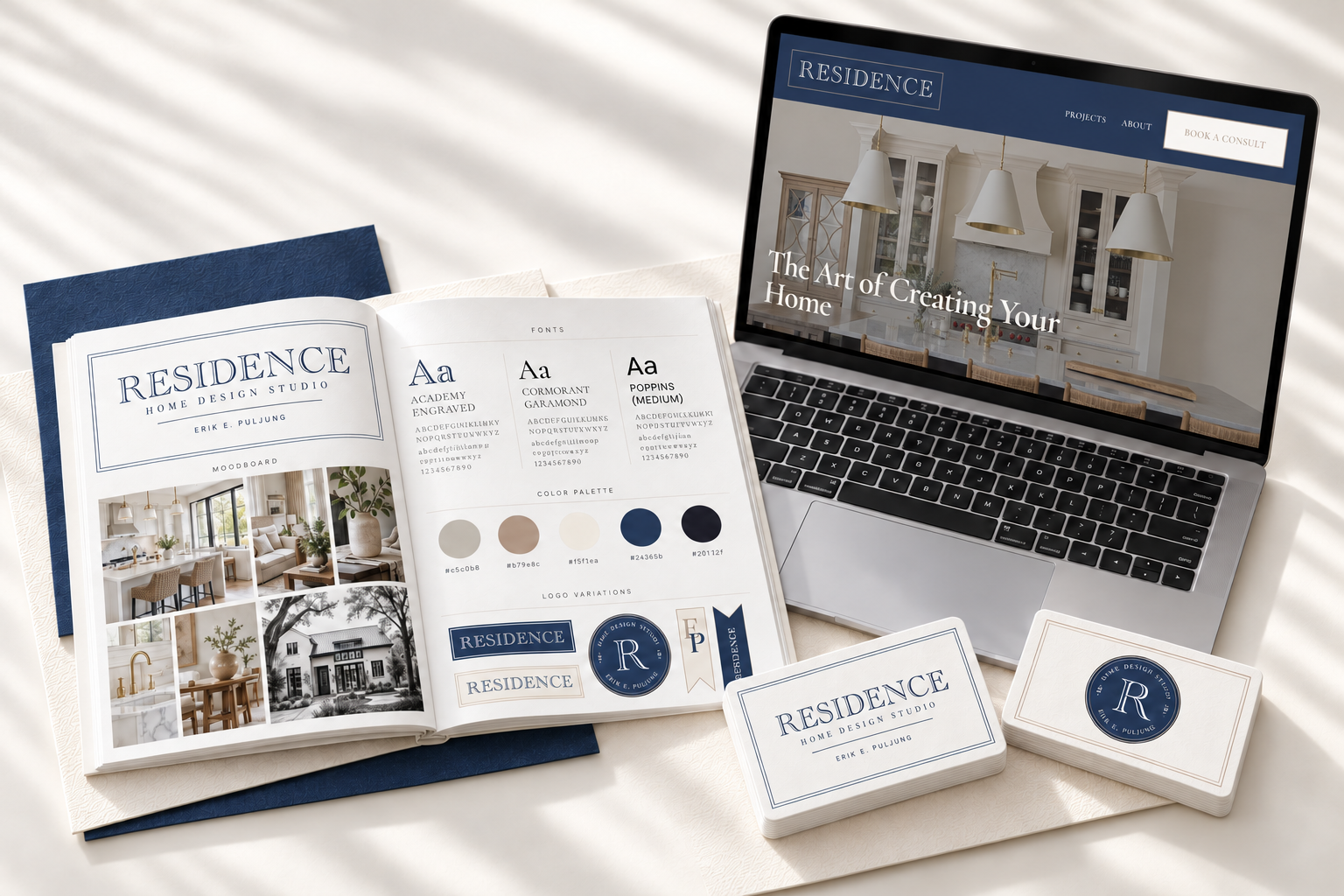 Residence Home Design Studio brand identity and actual website shown on a laptop